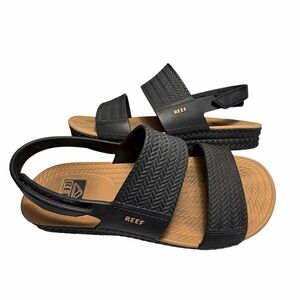 Reef Water Vista Black and Tan Adjustable Slide Sandals Espadrille Textured Sz 8